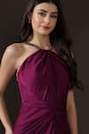 Pooja Peshoria_Purple Satin Crystals Halter Neck Placement Work Gown _at_Aza_Fashions