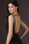 Pooja Peshoria_Black Crepe Crystals, Pearls Round Neck, Open Hand Embroidered Backless Gown _Online_at_Aza_Fashions