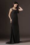 Buy_Pooja Peshoria_Black Crepe Crystals, Pearls Round Neck, Open Hand Embroidered Backless Gown 