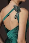 Pooja Peshoria_Green Satin Applique, Crystals, Sequins One Shoulder Draped Gown _Online_at_Aza_Fashions