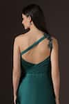 Shop_Pooja Peshoria_Green Satin Applique, Crystals, Sequins One Shoulder Draped Gown _Online_at_Aza_Fashions
