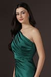 Pooja Peshoria_Green Satin Applique, Crystals, Sequins One Shoulder Draped Gown _at_Aza_Fashions