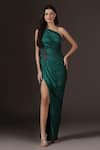 Buy_Pooja Peshoria_Green Satin Applique, Crystals, Sequins One Shoulder Draped Gown _at_Aza_Fashions