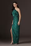 Shop_Pooja Peshoria_Green Satin Applique, Crystals, Sequins One Shoulder Draped Gown 