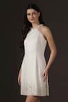 Buy_Pooja Peshoria_Ivory Crepe Crystals, Pearls Halter Neck Hand Embroidered Dress _Online_at_Aza_Fashions