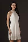 Pooja Peshoria_Ivory Crepe Crystals, Pearls Halter Neck Hand Embroidered Dress _at_Aza_Fashions