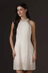 Buy_Pooja Peshoria_Ivory Crepe Crystals, Pearls Halter Neck Hand Embroidered Dress _at_Aza_Fashions