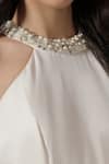 Shop_Pooja Peshoria_Ivory Crepe Crystals, Pearls Halter Neck Hand Embroidered Dress 