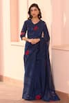 Buy_Vaayu_Blue Muslin, Cotton Applique, Embroidery Sapphire Floral Saree With Blouse _at_Aza_Fashions