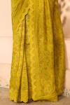 Buy_Vaayu_Yellow Muslin, Cotton Embroidery V-neck, Round Tuscany Floral Saree With Blouse _Online_at_Aza_Fashions