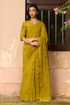Buy_Vaayu_Yellow Muslin, Cotton Embroidery V-neck, Round Tuscany Floral Saree With Blouse _at_Aza_Fashions