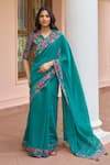 Buy_Vaayu_Green Muslin, Cotton Tassels V-neck Teal Bloom Saree With Blouse _at_Aza_Fashions