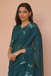 Vaayu_Green Muslin, Cotton Applique, Embroidery V-neck Jade Bloom Saree With Blouse _Online_at_Aza_Fashions