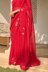 Shop_Vaayu_Red Muslin, Cotton Applique, Embroidery Round Neck, Cherry Saree With Blouse _Online_at_Aza_Fashions