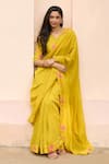 Vaayu_Yellow Muslin, Cotton Embroidery V-neck Marigold Saree With Blouse _Online_at_Aza_Fashions