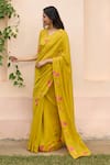 Buy_Vaayu_Yellow Muslin, Cotton Embroidery V-neck Marigold Saree With Blouse 