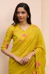 Vaayu_Yellow Muslin, Cotton Embroidery V-neck Marigold Saree With Blouse _Online
