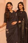 Vaayu_Black Muslin, Cotton Embroidery Round Neck Noir Printed Saree With Blouse _at_Aza_Fashions