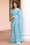 Buy_Vaayu_Blue Muslin, Cotton V-neck Powder Saree With Blouse _at_Aza_Fashions