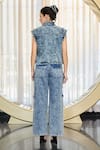 Kay Kay_Blue Denim, Twill Embroidery High Neck Smoky Jacket And Pant Set _Online_at_Aza_Fashions
