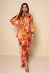 Buy_Kameez_Orange Bamboo Collared Coral Amber Print Shirt And Pant Co-ord Set _at_Aza_Fashions