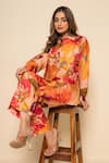 Shop_Kameez_Orange Bamboo Collared Coral Amber Print Shirt And Pant Co-ord Set _Online_at_Aza_Fashions