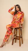 Kameez_Orange Bamboo Collared Coral Amber Print Shirt And Pant Co-ord Set _Online