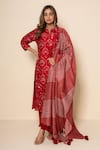 Buy_Kameez_Red Chanderi, Cotton Lace, Tassels Split V-neck Twilight Hand Print Kurta Set _at_Aza_Fashions