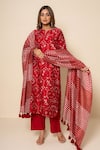 Shop_Kameez_Red Chanderi, Cotton Lace, Tassels Split V-neck Twilight Hand Print Kurta Set _Online_at_Aza_Fashions