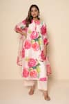 Buy_Kameez_Off White Chanderi, Cotton, Organza Lace Round Neck Pearl Rose Print Kurta Set _at_Aza_Fashions