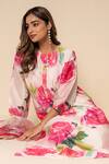 Kameez_Off White Chanderi, Cotton, Organza Lace Round Neck Pearl Rose Print Kurta Set _Online_at_Aza_Fashions