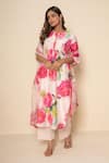Kameez_Off White Chanderi, Cotton, Organza Lace Round Neck Pearl Rose Print Kurta Set _at_Aza_Fashions