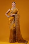 Buy_Baaro Masi_Gold Silk Sequins, Zari, Embroidery V-neck Saree And Blouse Set _at_Aza_Fashions