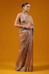 Baaro Masi_Silver Silk Sequins, Zari V-neck Embroidered Border Saree With Blouse _Online_at_Aza_Fashions