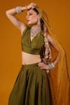 Baaro Masi_Green Silk, Cotton Sequins, Embroidery, Zari V-neck Border Lehenga Set _Online_at_Aza_Fashions