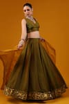 Buy_Baaro Masi_Green Silk, Cotton Sequins, Embroidery, Zari V-neck Border Lehenga Set _Online_at_Aza_Fashions