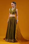 Shop_Baaro Masi_Green Silk, Cotton Sequins, Embroidery, Zari V-neck Border Lehenga Set _Online_at_Aza_Fashions