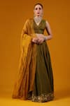 Buy_Baaro Masi_Green Silk, Cotton Sequins, Embroidery, Zari V-neck Border Lehenga Set _at_Aza_Fashions