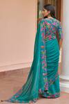 Shop_Vaayu_Green Muslin, Cotton Tassels V-neck Teal Bloom Saree With Blouse _at_Aza_Fashions