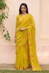 Buy_Vaayu_Yellow Muslin, Cotton Embroidery V-neck Marigold Saree With Blouse _at_Aza_Fashions