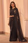 Shop_Vaayu_Black Muslin, Cotton Applique, Embroidery V-neck Noir Saree With Blouse _Online_at_Aza_Fashions