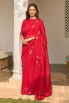 Buy_Vaayu_Red Muslin, Cotton Applique, Embroidery Round Neck, Cherry Saree With Blouse _at_Aza_Fashions