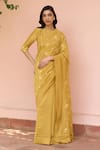 Buy_Vaayu_Yellow Muslin, Cotton Embroidery Round Neck Rue Thread Saree With Blouse _at_Aza_Fashions