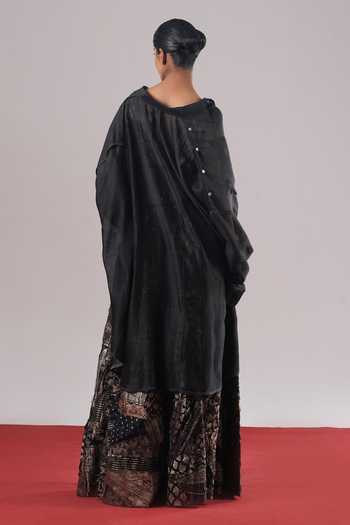 Shop_Urvashi Kaur_Black Chanderi Silk Collared Ava High-low Hem Shirt _at_Aza_Fashions
