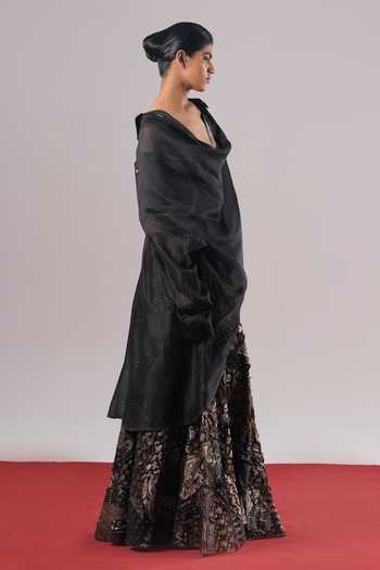 Urvashi Kaur_Black Chanderi Silk Collared Ava High-low Hem Shirt _Online_at_Aza_Fashions