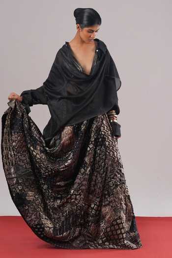 Buy_Urvashi Kaur_Black Chanderi Silk Collared Ava High-low Hem Shirt _at_Aza_Fashions