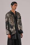 Buy_Urvashi Kaur_Black Brocade, Silk Patchwork, Metallic Thread Hoshi Blazer _at_Aza_Fashions