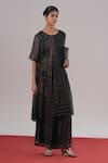 Buy_Urvashi Kaur_Black Brocade, Silk Round Neck Echo Block Print Pleated Dress _at_Aza_Fashions