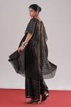 Shop_Urvashi Kaur_Black Brocade, Silk Round Neck Echo Block Print Pleated Dress _at_Aza_Fashions