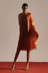 Buy_Urvashi Kaur_Orange Brocade, Silk Round Neck Echo Micro Pleated Woven Dress _at_Aza_Fashions